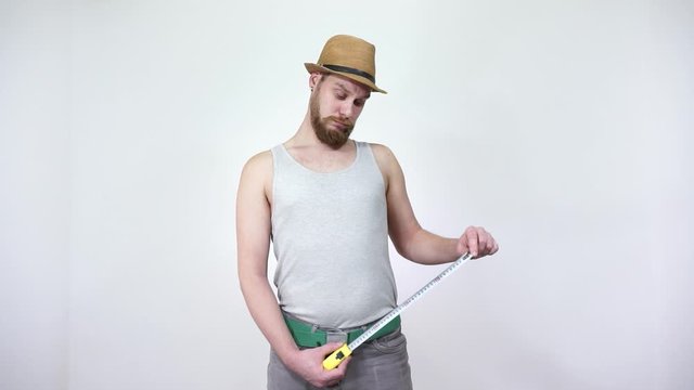 Guy measures line of your cucumber. Big size men's happiness.