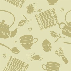 Tea seamless pattern. Vintage pictures mugs, teapot, tea leaves, whisk for invitations, wrapping paper, Wallpaper, print for fabric. Hand-drawn vector illustration