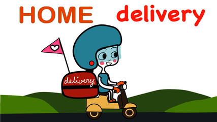 delivery girl riding delivery scooter in the park background