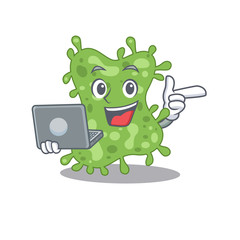 Cartoon character of salmonella enterica clever student studying with a laptop