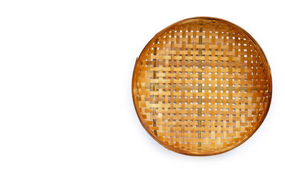 Wooden bamboo threshing basket on white background.