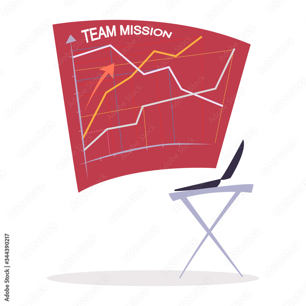 Poster schedule with growth arrow on cell board and laptop wireless device. planner with team mission and r