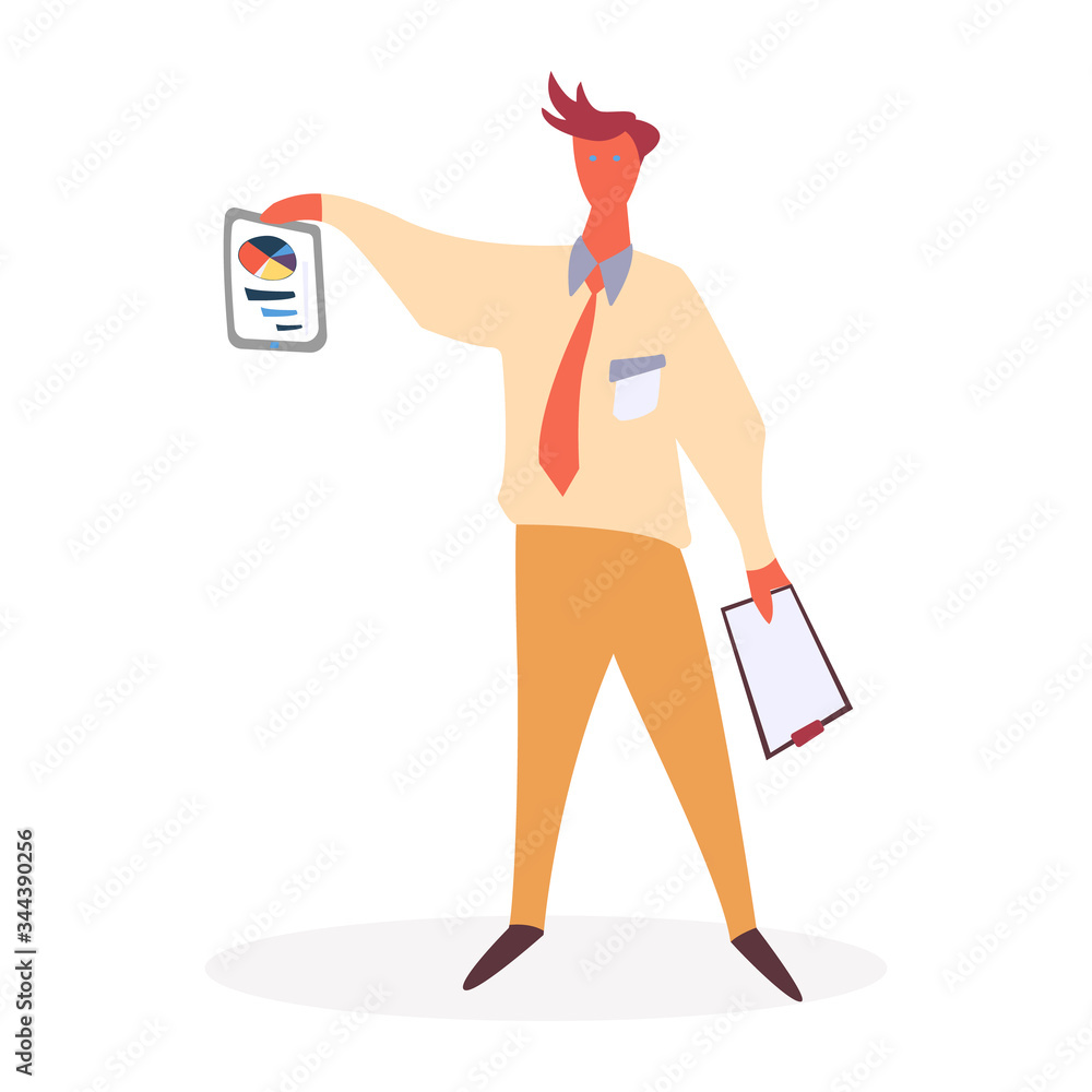 Poster man character showing diagram report on paper documents. employee successful organizing in tasks app