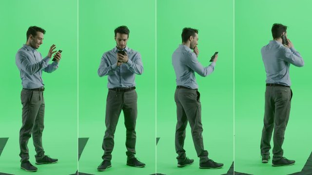 4-in-1 Green Screen Collage: Handsome Man Wearing Casual Clothes, Using Smartphone, Making a Call, Browsing Through Internet, Social Media. Multiple Angle Value Package: Front, Side, Back Views
