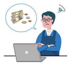 男性　メガネ  エプロン  主夫　パソコン　お金　困っている