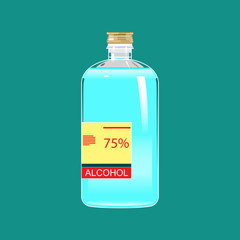 75% Alcohol disinfectant solution in circle bottle on blue background.