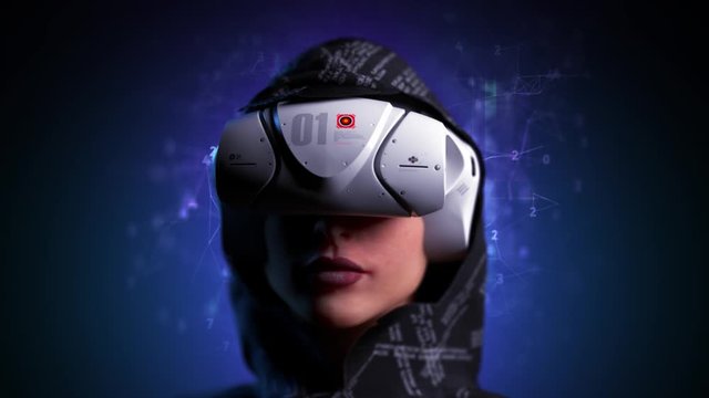 loop animation. Portrait of a girl in a vr helmet on a digital background. foreground