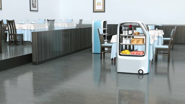 Food delivery robots working in a restaurant. Touchless delivery concept. 3D rendering animation. 