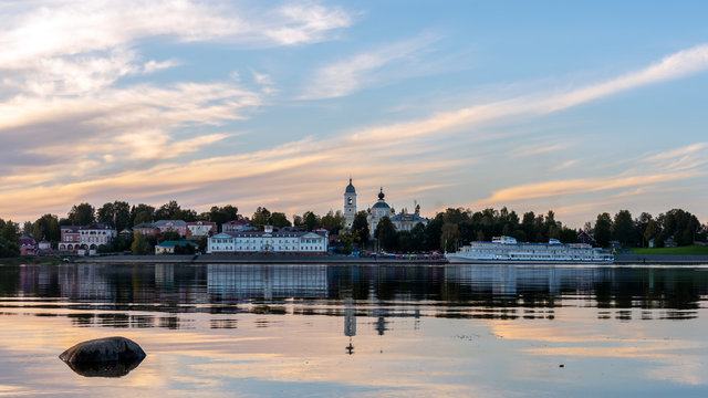 View of the city Myshkin from the Volga river at sunset