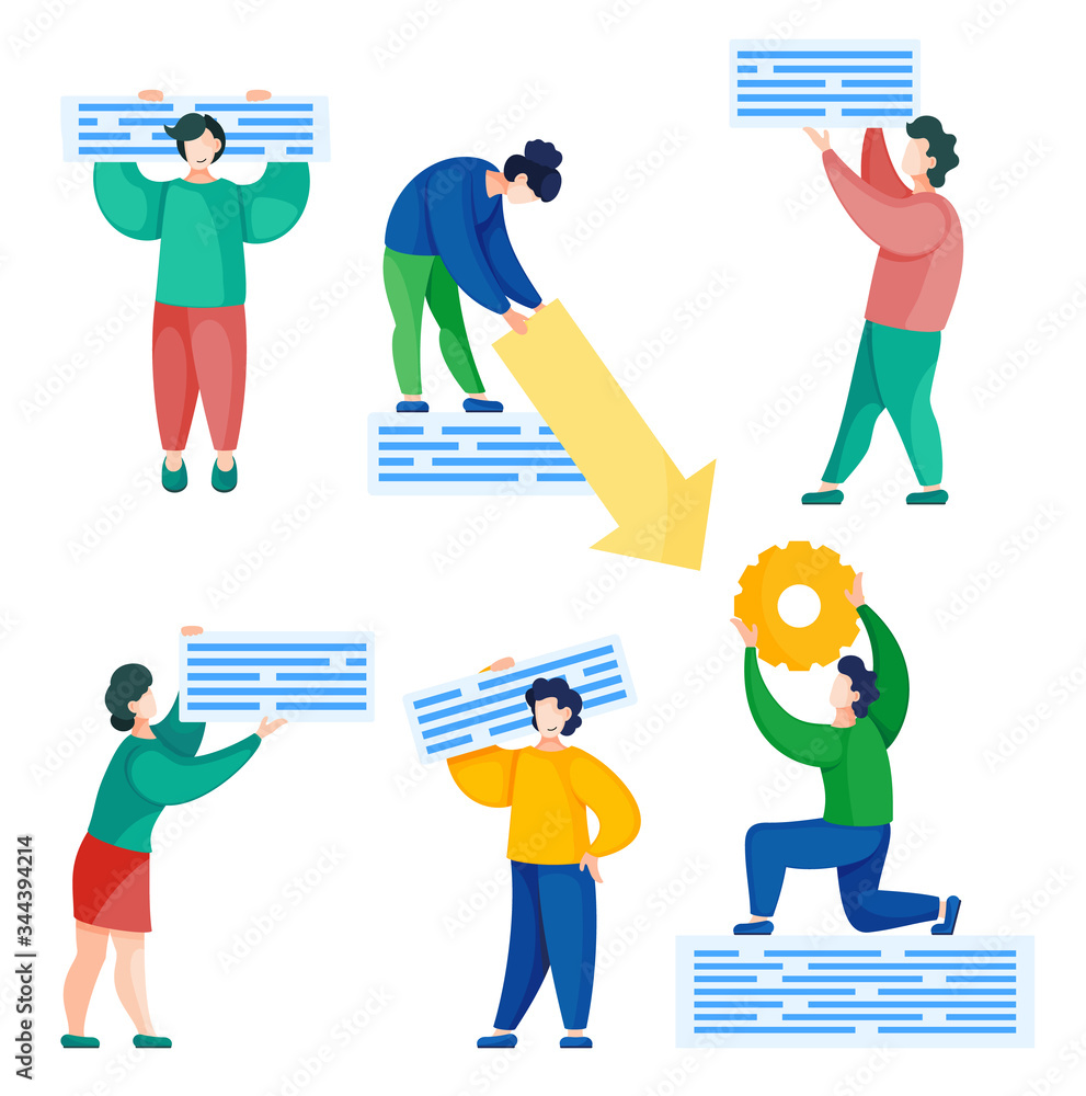 Poster people characters holding website icon with arrow and setting symbol set isolated on white. person s