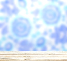 Fototapeta premium Wooden empty table texture. Blue white blurred pattern. Wallpaper defocused background. Russian traditional decoration home interior.