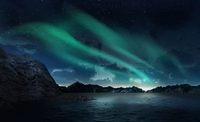 Selbstklebende Fototapeten A beautiful green and red aurora dancing over the hills © Aomarch