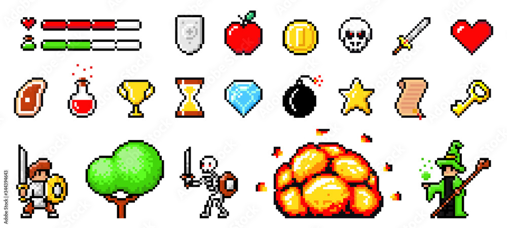 Poster set of minimalistic pixel art vector objects isolated. pixel game buttons. 8 bit ui gaming bar notat