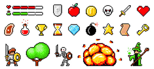 Set of minimalistic pixel art vector objects isolated. Pixel game buttons. 8 bit UI gaming bar notation. Video-game pixel magic items, digital pixelated lives bar. Heroes and retro icons used in games © Dmytro