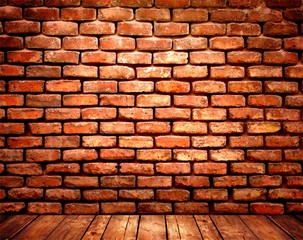 Orange brick wall and wooden floor 3d background. Rough texture.