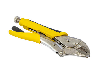 Yellow locking pliers isolated on white background with clipping path.