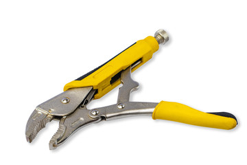 Yellow locking pliers isolated on white background with clipping path.