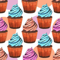 illustration, marker drawing, cupcake with blue cream, seamless pattern
