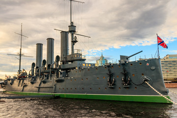 Old revolutionary Aurora cruiser,  the symbol of the October revolution, currently preserved as a...