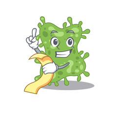 Salmonella enterica mascot character design with a menu on his hand