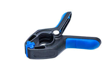Black and blue spring clamp isolated on white background with clipping path.