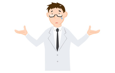 降参のポーズをする白衣の男性のイラスト