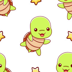 Seamless pattern, cute kawaii hand drawn turtle doodles