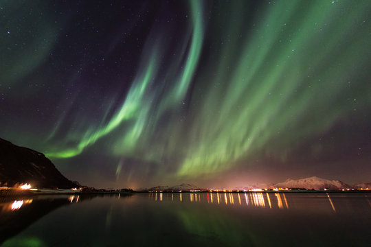 Amazin landscape of northen lights in background at Lofoten, Norway