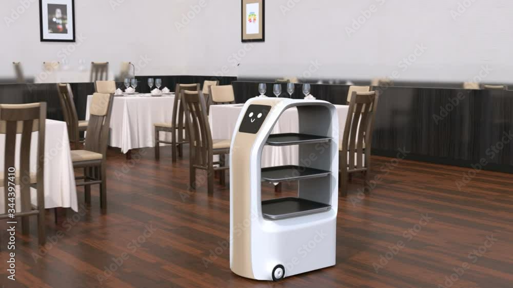 Aufkleber food delivery robots working in a restaurant. touchless delivery concept. 3d rendering animation.