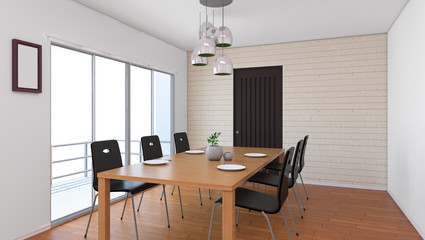 Corner of modern dining room, white walls, wooden floor, round table with black chairs. 3d rendering with my model.