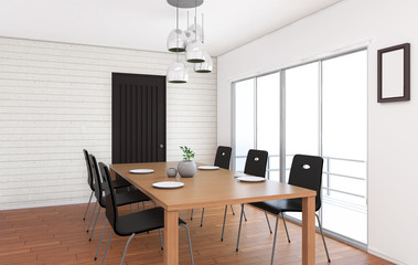 Corner of modern dining room, white walls, wooden floor, round table with black chairs. 3d rendering with my model.