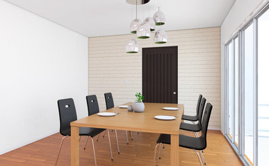 Corner of modern dining room, white walls, wooden floor, round table with black chairs. 3d rendering with my model.