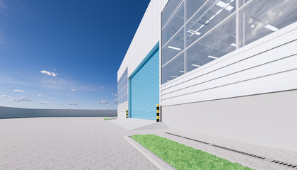 Commercial or industrial facade. That is a property use as factory, warehouse, hangar or workplace. Modern exterior design with roller door and metal wall. Stone brick paving at outdoor. 3d render.