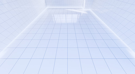 White tile floor background in perspective view. Clean, shiny and symmetry with grid line texture. For decor bathroom, kitchen and laundry room. And empty or copy space for product display. 3d render.