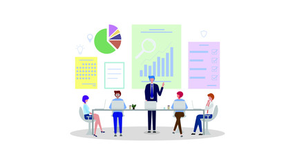 Group of business men and women as a teamwork standing around a meeting table. Graph showing business in background. Vector illustration.