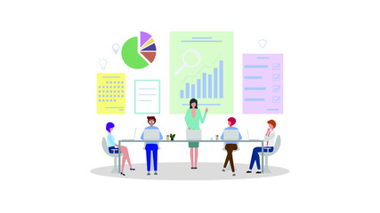 Group of business men and women as a teamwork standing around a meeting table. Graph showing business in background. Vector illustration.