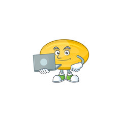 Diligent oil capsule mascot design style working from home with laptop