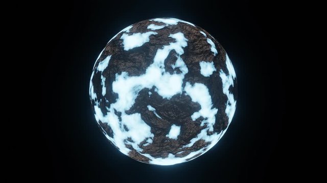 Ice Planet or Ice Age Cold World Rotate Motion Background on Center Frame in Global Colding Concept. Cold earth 3d model on black background