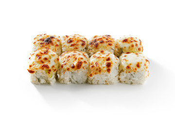 Baked shrimp rolls on white background top view