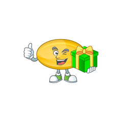 Smiley oil capsule cartoon character holding a gift box