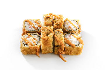 Shrimp rolls with cream cheese, tomatoes and Spicy sauce on white background