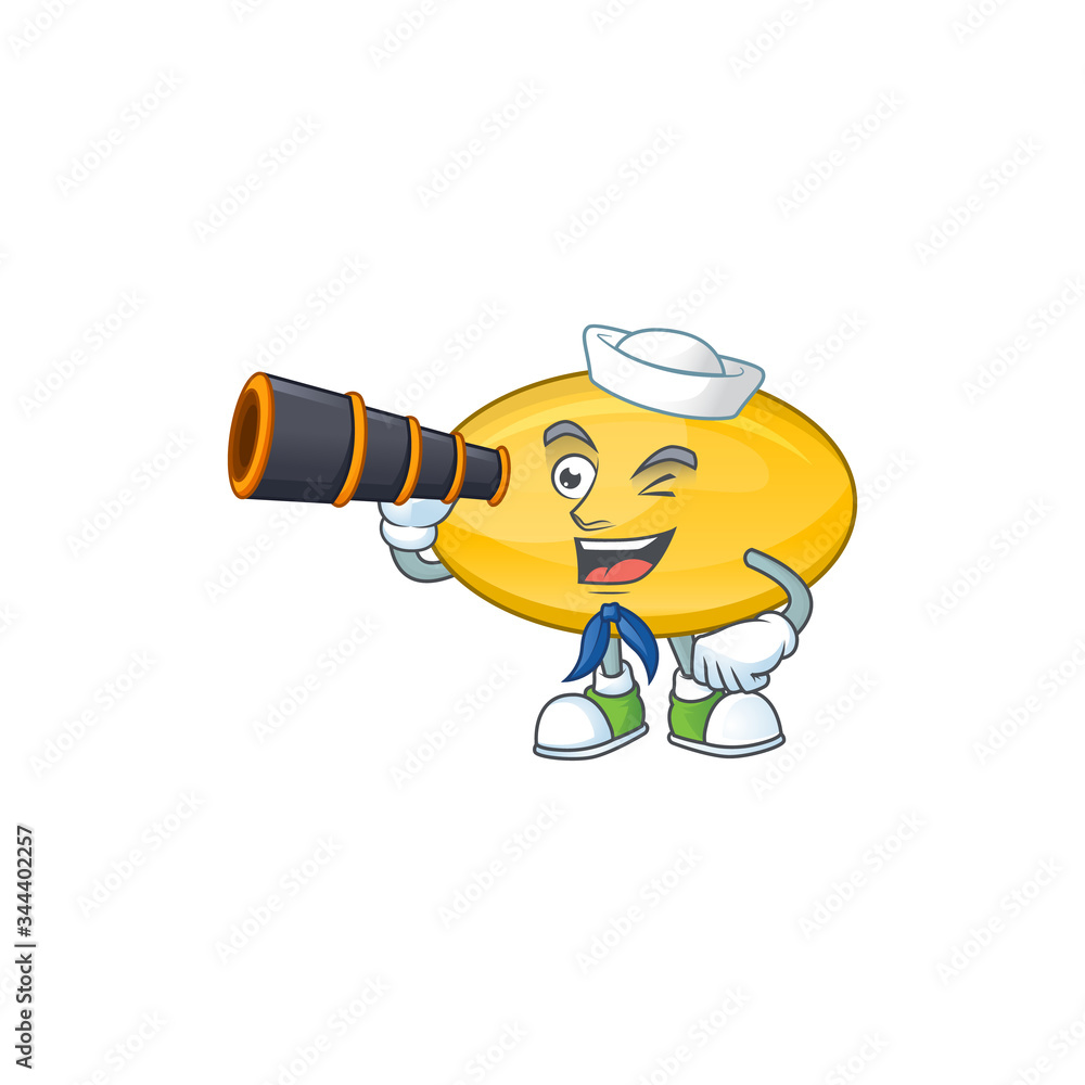 Poster Oil capsule in Sailor cartoon character style using a binocular