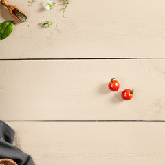 Flavoring and napkin on wooden table top view