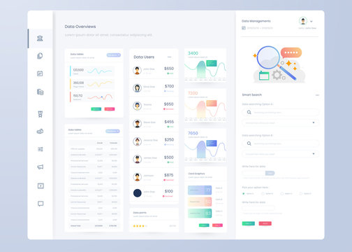 
Infographic dashboard. UI design with graphs, charts and diagrams. Web interface template for business presentation.
