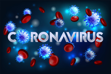 The word Coronavirus with Covid-19 icon and Virus background with disease cells