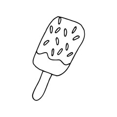 Ice cream on a stick in icing with sprinkles drawn by hands. Vector illustration.