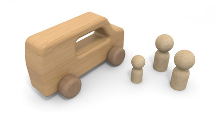 Go on a picnic with your family. Wooden car. Tree toys. 3D rendering