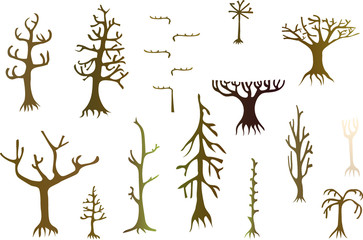 Bald trees set branches shapes dry winter different various types many styles brown