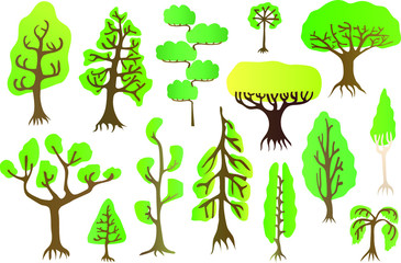 different vector trees set green pattern illustration
