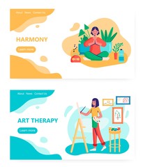 Woman meditate and practice yoga at home. Art therapy concept illustration. Girl artist painting. Vector web site design template. Landing page website illustration.